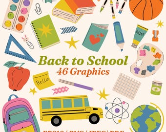Back to School Graphics, Bus, Backpack, Globe, School Supplies ( eps, png, jpeg, pdf )