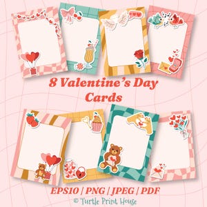 May include: Eight Valentine's Day cards with decorative borders and various themed illustrations. The cards feature images of hearts, teddy bears, cupcakes, and other romantic elements. The cards are in a variety of colors, including pink, blue, and yellow.