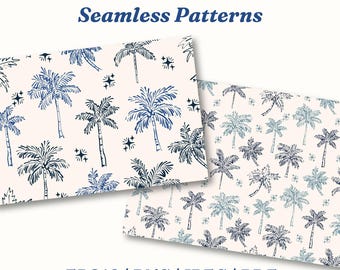 Hand Drawn Sketch Palm Tree Seamless Patterns | Tropical Summer Backgrounds ( eps, png, jpeg, pdf )