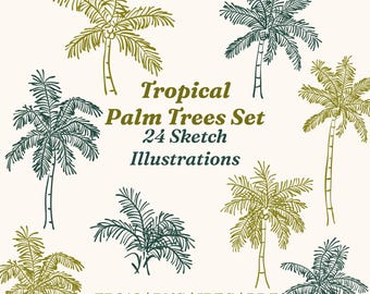 Tropical Palm Trees Clipart | 24 Hand Drawn Doodle Sketch Illustrations (eps, png, jpeg, pdf)