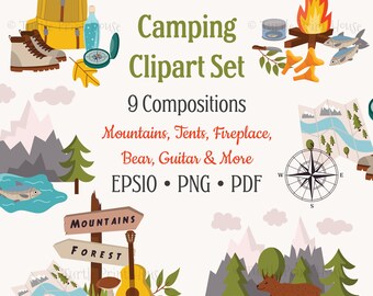 Camping Clipart Set: Outdoor Adventure, Tent, Bear, Guitar (PNG EPS PDF)