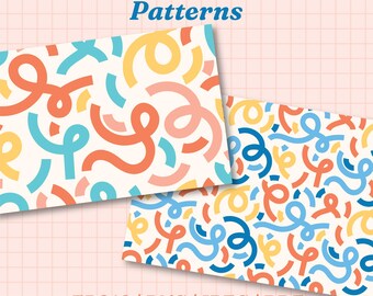 2 Bold Squiggle Seamless Patterns | Curly Lines Background | Colorful Festive Digital Paper | Birthday Pattern ( eps, png, jpeg, pdf )