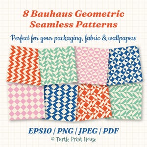 8 Bauhaus geometrische naadloze patronen | Modern digitaal papier uit het midden van de eeuw (eps, png, jpeg, pdf)