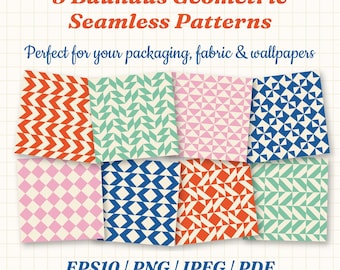 8 Bauhaus Geometric Seamless Patterns | Mid-Century Modern Digital Paper (eps, png, jpeg, pdf)