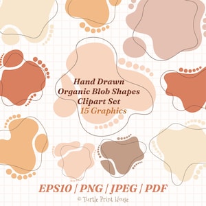 Könnte beinhalten: Ein digitales Clipart-Set mit handgezeichneten organischen Blob-Formen in verschiedenen Braun-, Pfirsich- und Beigetönen. Das Design umfasst 15 Grafiken mit einem Rasterhintergrund und dem Text "Hand Drawn Organic Blob Shapes Clipart Set 15 Graphics".