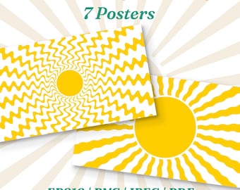 1970s Retro Sun Rays Poster Set, 7 Groovy Sunshine Decor ( eps, png, jpeg, pdf )