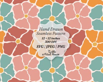 Retro Matisse Floral Seamless Pattern | Groovy 70s Style Digital Paper (SVG, JPEG, PNG)