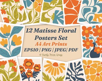 12 Matisse Style Floral Posters: Abstract Botanical A4 Art Prints ( eps10, png, jpeg, pdf )