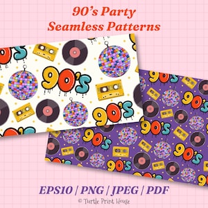 90s Party Seamless Pattern Pack | Retro Cassette Disco Ball Background (eps, png, jpeg, pdf)