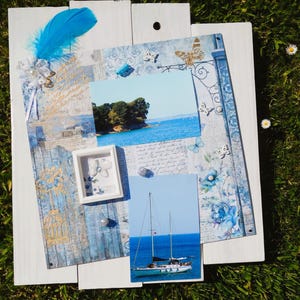 White and blue wooden wall photo holder