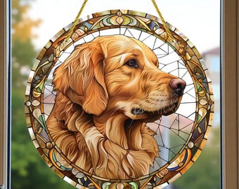 Golden Retriever Suncatcher – Handmade Stained Glass Style Dog Memorial Gift, Acrylic Window Hanging, Pet Lover Custom Decor