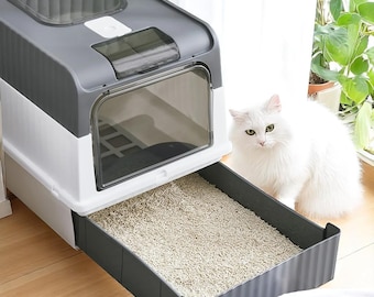 Arenero cerrado para gatos con tapa y pala – Portátil, fácil de limpiar, con protección contra salpicaduras, hecho a medida