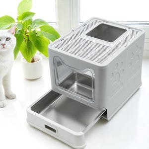 Stainless Steel Enclosed Cat Litter Box – Top Entry, Drawer Tray & Scoop | Easy Clean, Odor Control, Made to Order