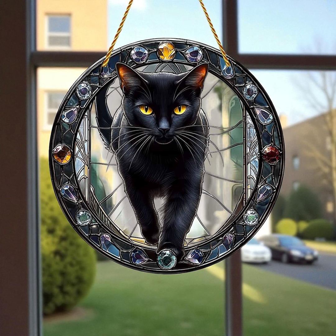 Black Cat Stained Glass Suncatcher – Gothic Window Hanging, Handmade ...