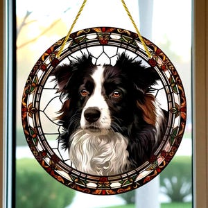 ボーダーコリーのステンドグラス風アクリル吊り下げ看板、犬好きの方への窓飾り、ユニークなペットギフト