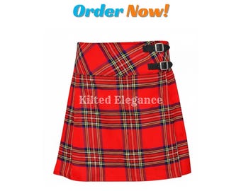 May include: A red tartan kilt with black leather straps and buckles. The kilt features a classic plaid pattern in red, yellow, blue, and black. The text "Kilted Elegance" is visible on the kilt. The words "Order Now!" are in the top left corner.