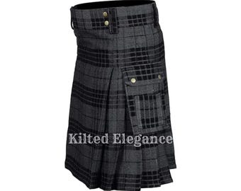 Handmade Grey Watch Tartan Utility Kilt: Scottish Heritage with Cargo Pockets