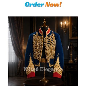 May include: A blue military-style jacket with gold detailing and red trim, displayed on a mannequin. The image includes the text "Order Now!" and "Kilted Elegance". The jacket is a striking piece of formal wear.