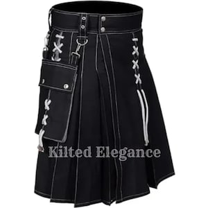 Men’s Hybrid Kilt | Black Cotton Utility Kilt with Removable Pockets | Handmade Highland Wear Kilt – Modern Gothic Streetwear Style