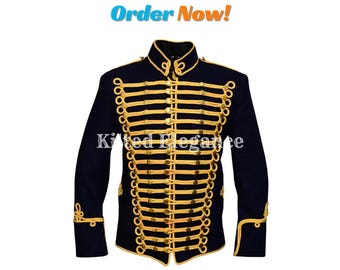 Handmade Hussar Military Jacket: Black Wool Parade Costume, Gold Braid