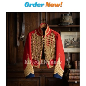 May include: A red military jacket with gold-colored embellishments and trim. The jacket has a high collar and is adorned with intricate gold braid and buttons. The sleeves have blue cuffs with gold detailing. The text "Kilted Elegance" is visible on the jacket.