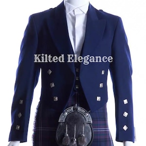 Handmade Navy Wool Prince Charlie Jacket & Vest: Scottish Wedding Outfit