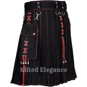 Men’s Hybrid Kilt | Black Cotton Utility Kilt with Removable Pockets | Handmade Highland Wear Kilt – Modern Gothic Streetwear Style