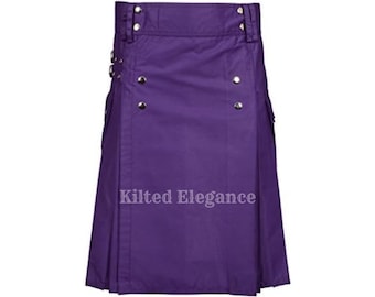 May include: A dark purple kilt featuring silver-toned metal hardware. The kilt has pleats, pockets, and decorative buttons. The text "Kilted Elegance" is printed on the front. This traditional garment is made of a solid, dark purple fabric.