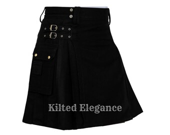 Handmade Black Tartan Utility Kilt: Scottish Heritage with Cargo Pockets