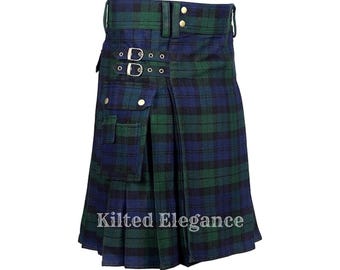 Handmade Black Watch Tartan Utility Kilt: Scottish Heritage with Cargo Pockets