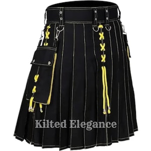 Men’s Hybrid Kilt | Black Cotton Utility Kilt with Removable Pockets | Handmade Highland Wear Kilt – Modern Gothic Streetwear Style