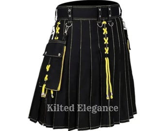 Handmade Black Cotton Hybrid Kilt: Gothic Utility Wear