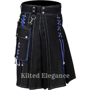 Men’s Hybrid Kilt | Black Cotton Utility Kilt with Removable Pockets | Handmade Highland Wear Kilt – Modern Gothic Streetwear Style