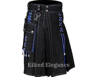 May include: Black kilt with white stitching and blue detailing. Includes a pocket, blue lacing, and a silver clasp. The kilt has a pleated design and a wide waistband.