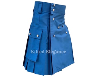 May include: A blue kilt with pleats, pockets, and decorative buttons. The kilt has a structured design with a wide waistband and a tailored fit. The text "Kilted Elegance" is visible on the kilt.