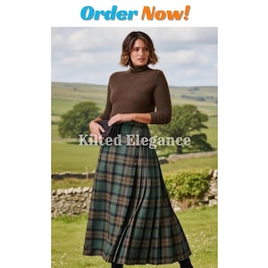May include: A woman wearing a brown turtleneck sweater and a green, brown, and black plaid kilt skirt. The text "Kilted Elegance" is displayed on the skirt. The words "Order Now!" are in the top left corner.