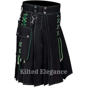 Men’s Hybrid Kilt | Black Cotton Utility Kilt with Removable Pockets | Handmade Highland Wear Kilt – Modern Gothic Streetwear Style