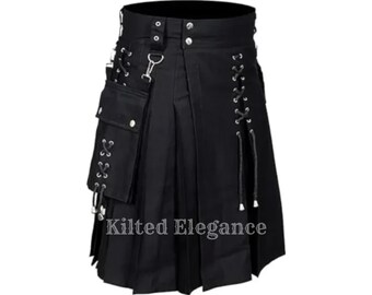 May include: Black kilt with a pleated design, side pocket, and decorative lacing. The kilt has silver-tone hardware and a button closure. The text "Kilted Elegance" is visible on the kilt.