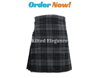 Handmade Grey Watch Tartan Kilt: 8-Yard Scottish Highland Wool Kilt
