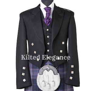 Handmade Black Wool Prince Charlie Jacket & Vest: Scottish Kilt Outfit