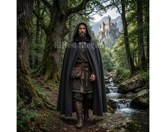 May include: A dark charcoal hooded cloak worn over a tunic, brown leather belt, and matching leather pouch. The garment features a metal clasp at the neck. The text Kilted Elegance is visible across the center of the image.