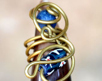 Aqua Blue Brass ring,Wearable Art,Afrocentric Aqua Blue Brass Ring,