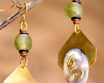 Grey African drop earrings Green Brass Earrings for women Wearable Art