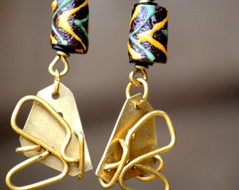 Brown and Green unique African drop earrings,Grean Wearable Art Drop earrings for women,Afrocentric Brown Brass earrings