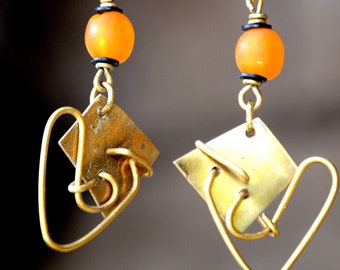 Orange Brass wire art drop earrings,Orange Brass drop earrings for women,wearable art drop and dangle earrings