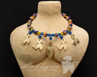 Blue&Yellow  Afrocentric Choker necklace Blue and Orange beaded African choker necklace for women