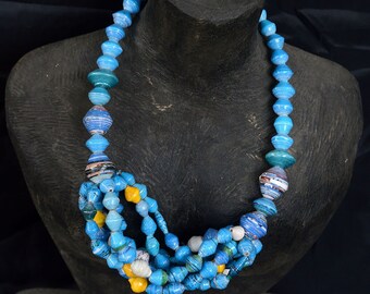 Turquiose Blue Paper Bead necklace,Afrocentric Paper bead jewelry,Blue African Paper Bead necklace