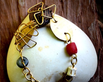 Brass Charm Bracelet for women,Afrocentric Brass Coconut Bracelet,African wired Beaded Brass bracelet,Wearable Art Bracelet