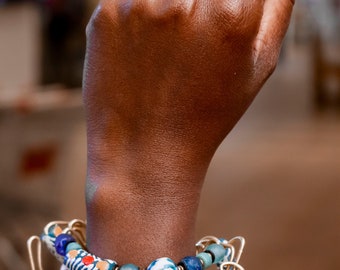 Cobalt Blue layered Trade beads necklace,Blue beaded layer bracelet,Blue African beaded bracelet