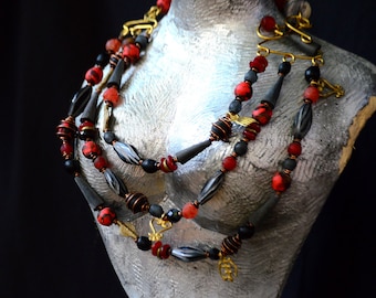 Elegant Black and Red layered African necklace,Red African beaded layered necklace,Ethnic Red and black layered necklace for women